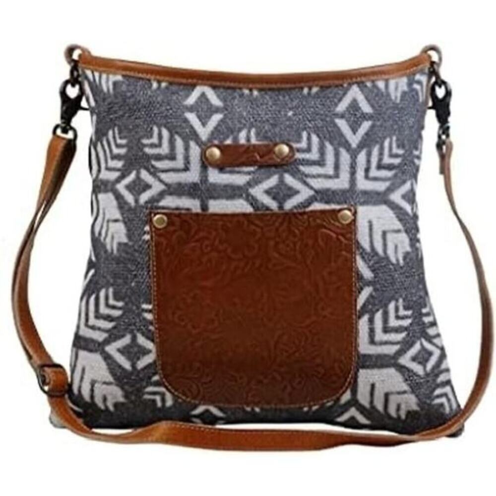 Myra Bag Gray White Geometric‎ Canvas Tooled Leather Pocket Crossbody Bag